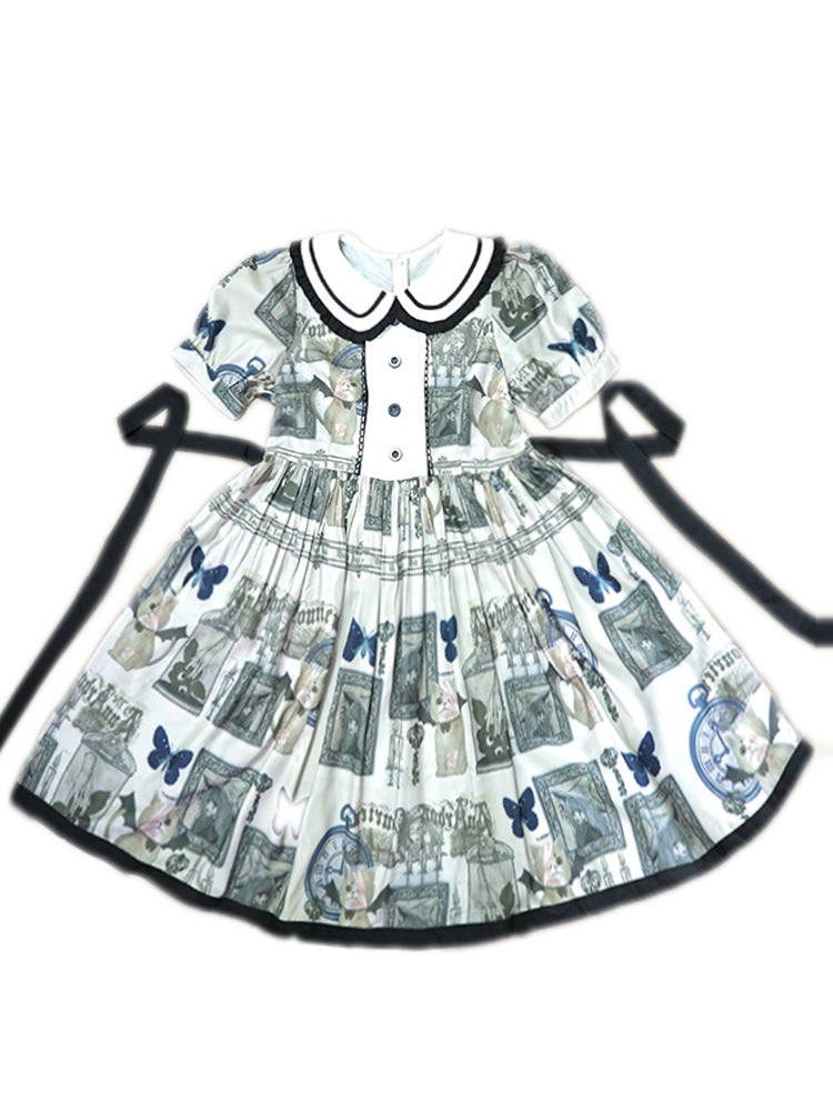 Retro Literary Style Doll Neck Dress Print Lace Up Dress