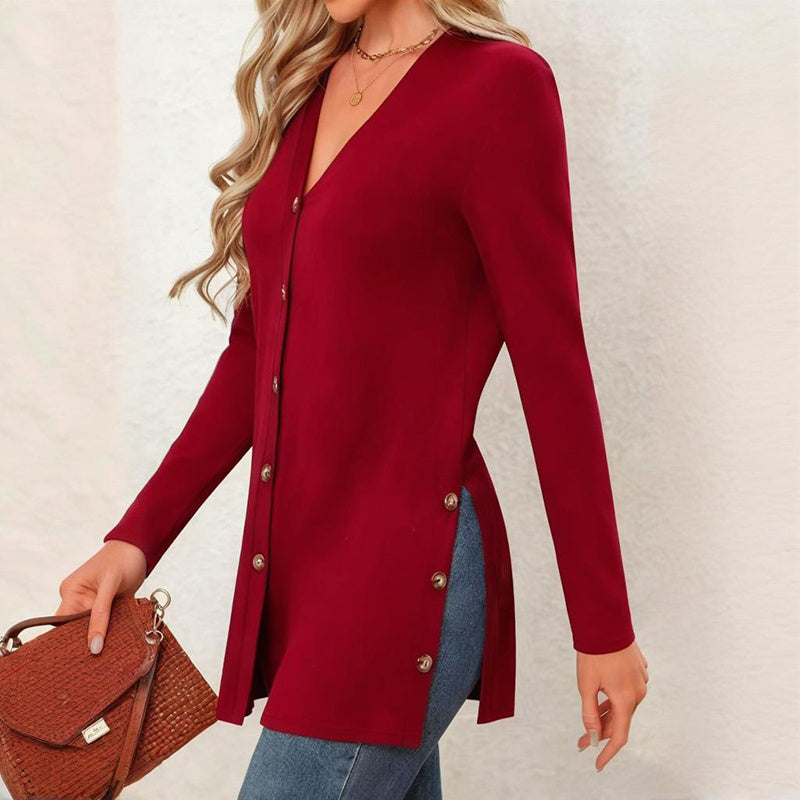 Women's Side Slit Cardigan - 2025 Spring Fall Lightweight V-Neck Button Down Cover Up