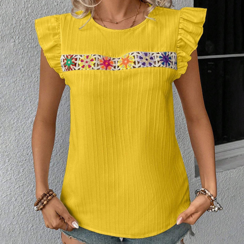 Women's Ruffle Short Sleeve Summer Tops Cute Crew Neck Floral Crochet Blouses Shirts