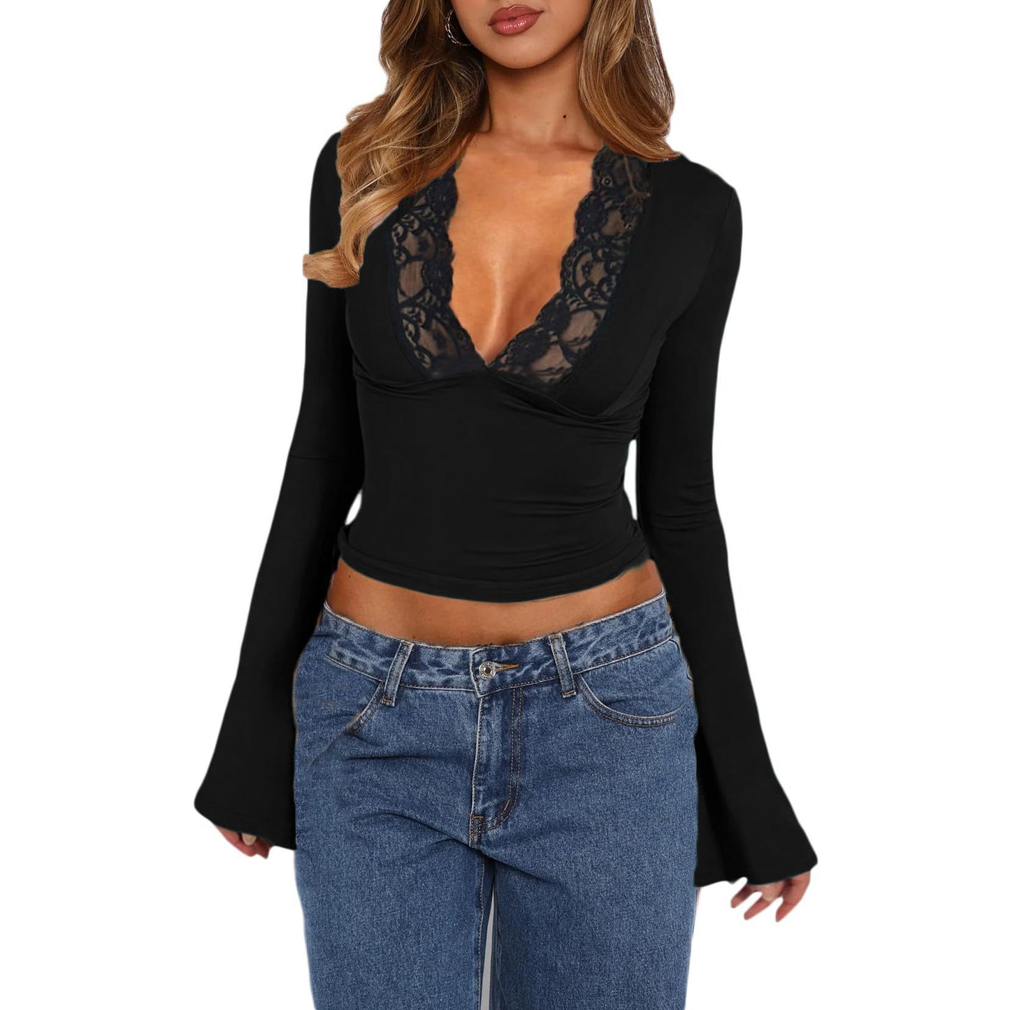 Slim V-neck Lace T-Shirt Ins Fashion Trumpet Sleeve Long-sleeved Top Women Clothing