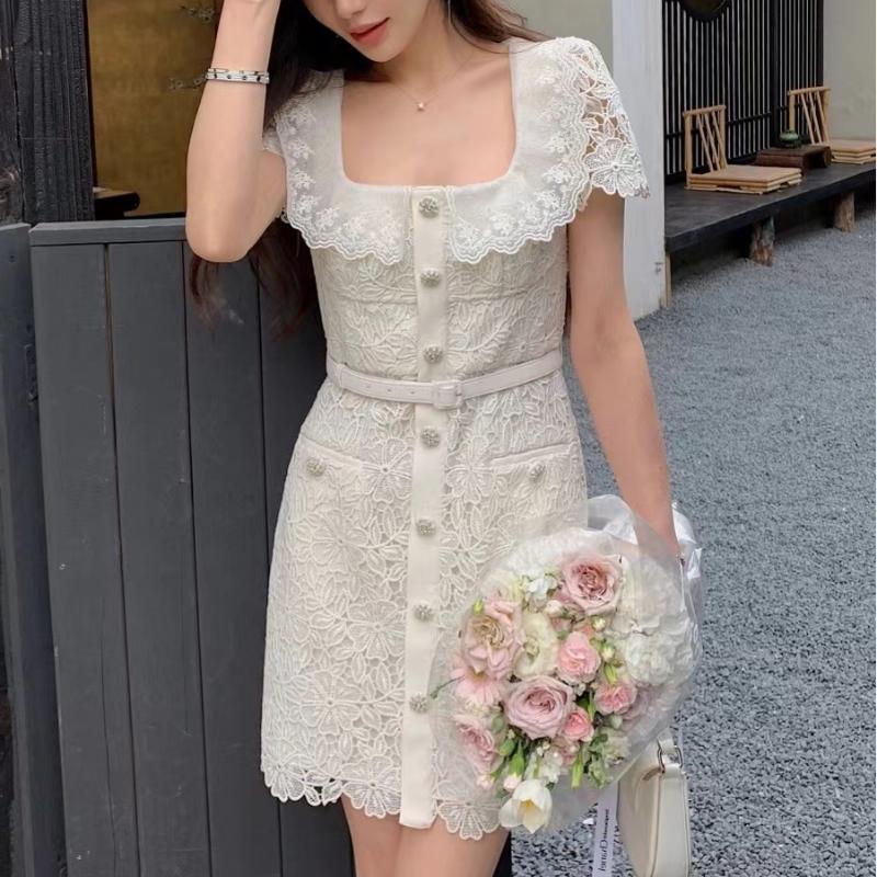 French Minority Ivory White Age-reducing Beading Lace Doll Collar Waist-tight Dress