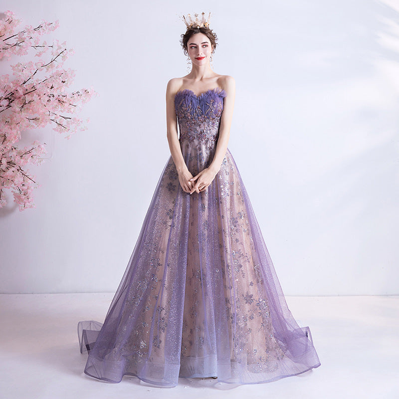 Strapless Purple Sequin Starry Dress