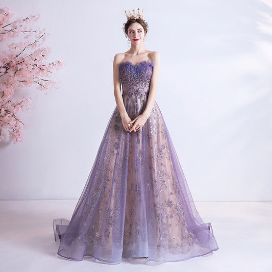 Strapless Purple Sequin Starry Dress