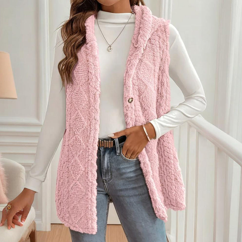 Women's Textured Sleeveless Hooded Vest, Button-Front Layering Piece For Fall & Winter Outfits