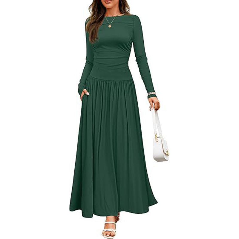 Women's Elegant Ruffle Detail Dress, Solid Color Round Neck Long Sleeve Knit Dress With Pockets