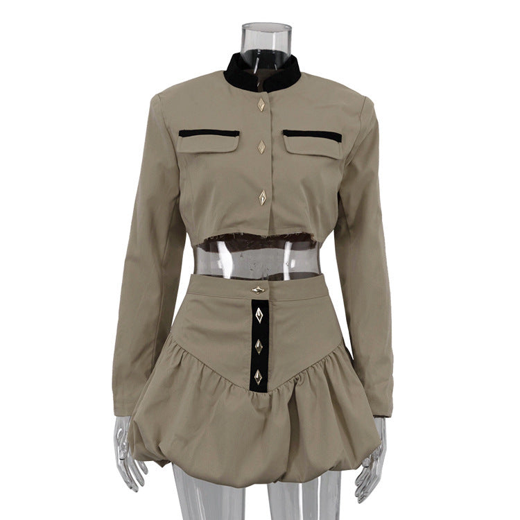 Stand-up Collar Long Sleeve Shirt & Bud Skirt Two-piece Set