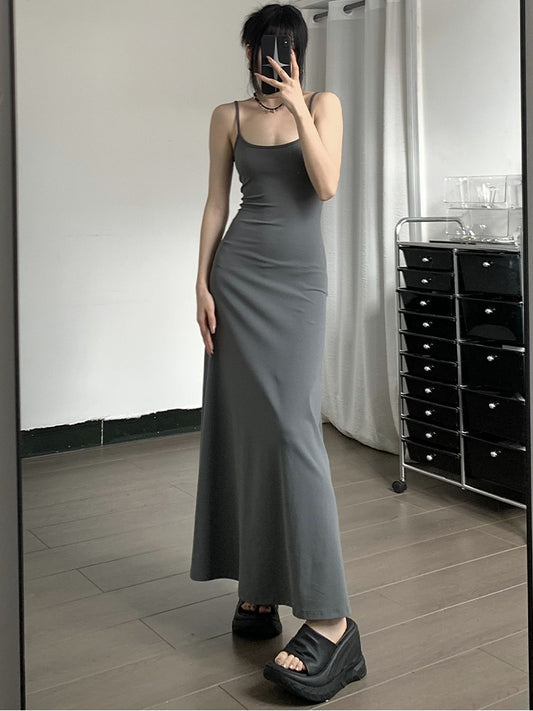 High-Waist Slimming Strap Dress, Solid Color Casual A-Line Knee-Length For Women (China)