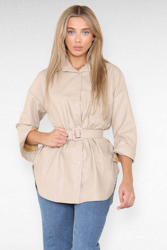 PU Faux Leather Belted Wet Look Shirt Dress (Britain)