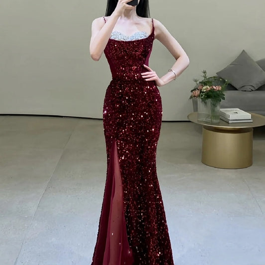 Bridal Fishtail Wine Red Sling Wedding Dress