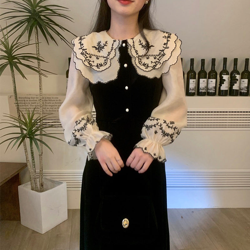 French Aged Double Layer Embroidery Doll Neck Dress