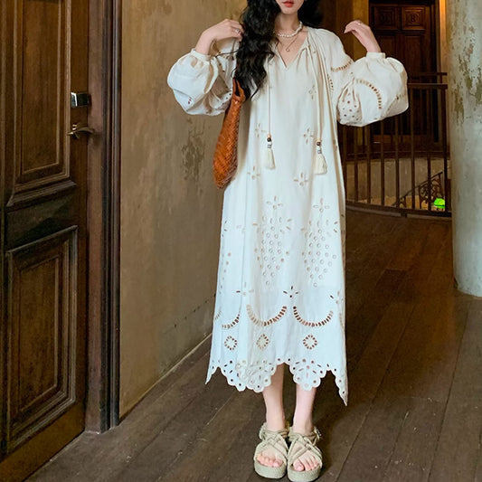 Retro Ethnic Travel Holiday Embroidered Long Dress, Hollow White Embroidered Dress, Linen V-neck Dress, Cotton Summer Cloth, Boho Maxi Dress (China)