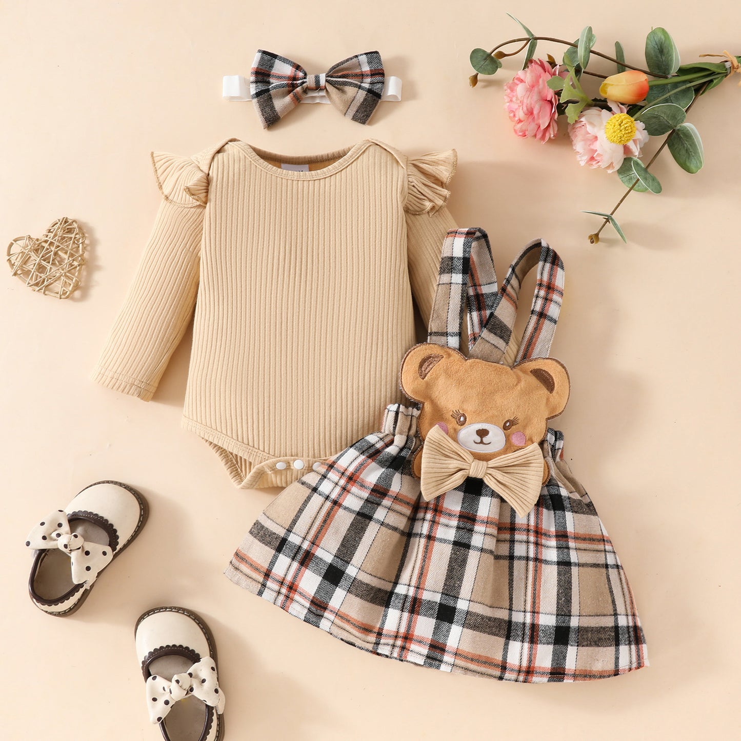 Girls' Fashion Minimalist Long Sleeve Triangle Rompers Bow Plaid Bear Doll Suspender Dress Hair Band Set