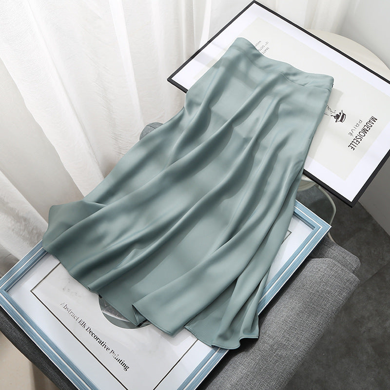 Light Luxury Silky Satin Gloss Acetic Acid Temperament Word  Mid-length Skirt Women's Clothing