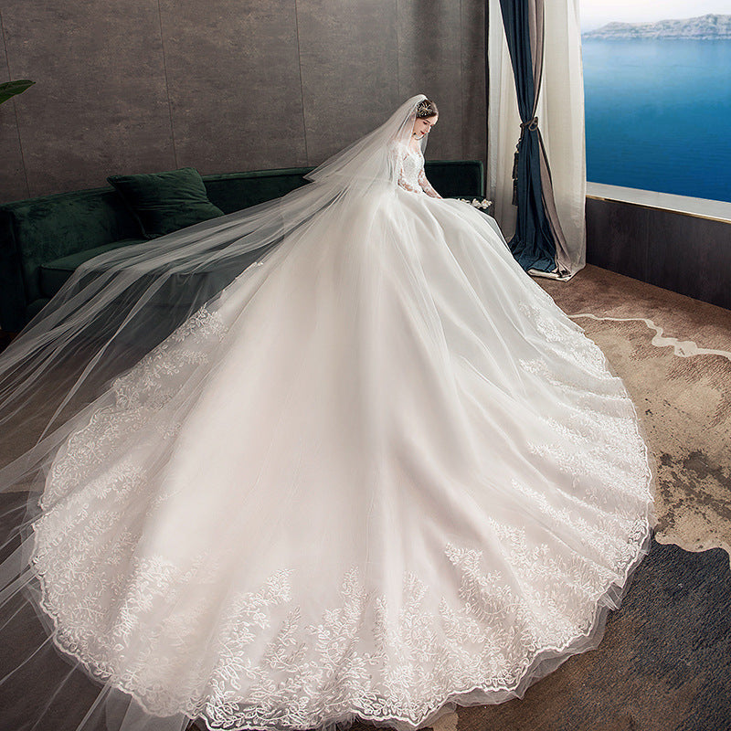 Women's Simple Trailing Mid-waist Backless Dream Long-sleeved Wedding Dress