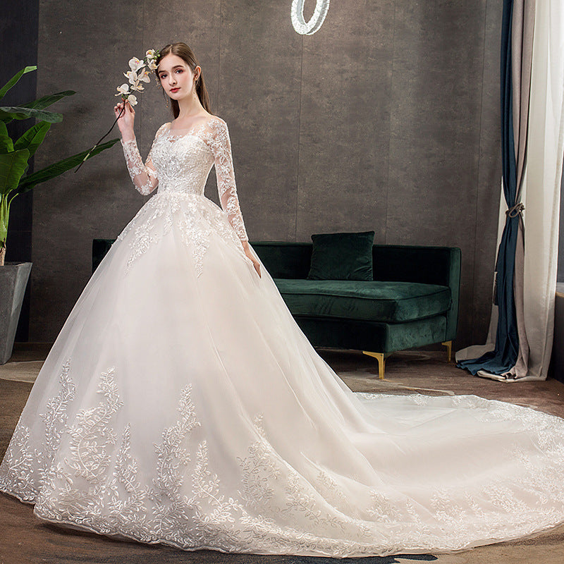 Women's Simple Trailing Mid-waist Backless Dream Long-sleeved Wedding Dress