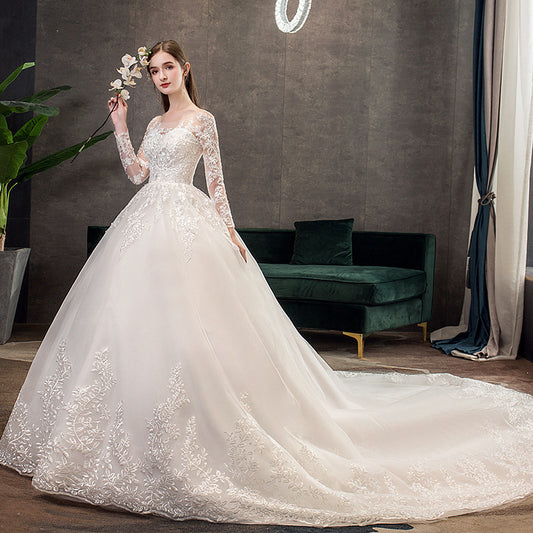 Women's Simple Trailing Mid-waist Backless Dream Long-sleeved Wedding Dress