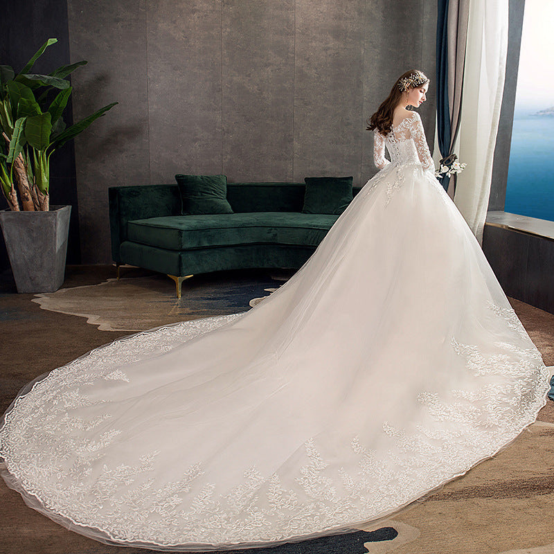 Women's Simple Trailing Mid-waist Backless Dream Long-sleeved Wedding Dress