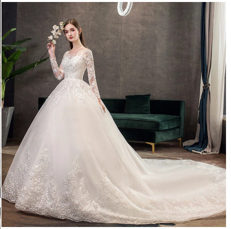 Women's Simple Trailing Mid-waist Backless Dream Long-sleeved Wedding Dress
