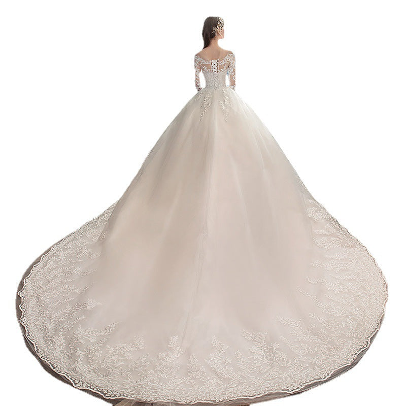 Women's Simple Trailing Mid-waist Backless Dream Long-sleeved Wedding Dress