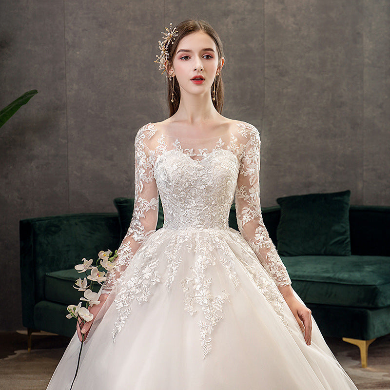 Women's Simple Trailing Mid-waist Backless Dream Long-sleeved Wedding Dress
