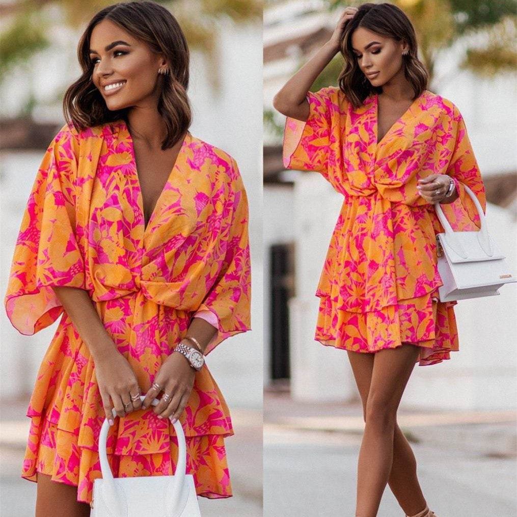 Fashion Print V-Neck Doll Sleeve Loose Cake Dress