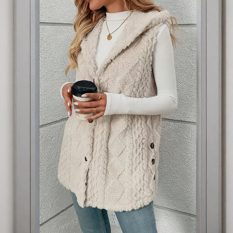 Women's Textured Sleeveless Hooded Vest, Button-Front Layering Piece For Fall & Winter Outfits