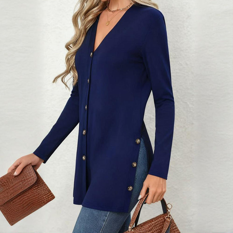 Women's Side Slit Cardigan - 2025 Spring Fall Lightweight V-Neck Button Down Cover Up