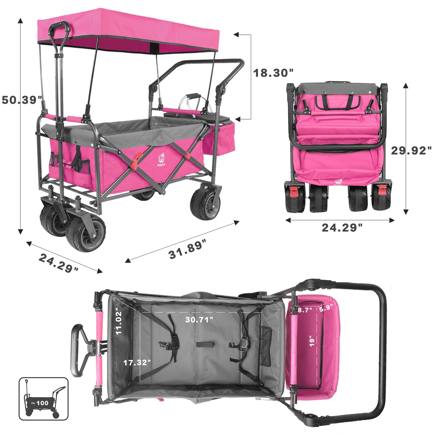 Collapsible Wagon 140L Wagons Carts Foldable With Removable Canopy, Folding Wagon Cart With Wheels For All-Terrain With Brake, Foldable Wagon With Cooler Bag, For Camping Beach Shoppin