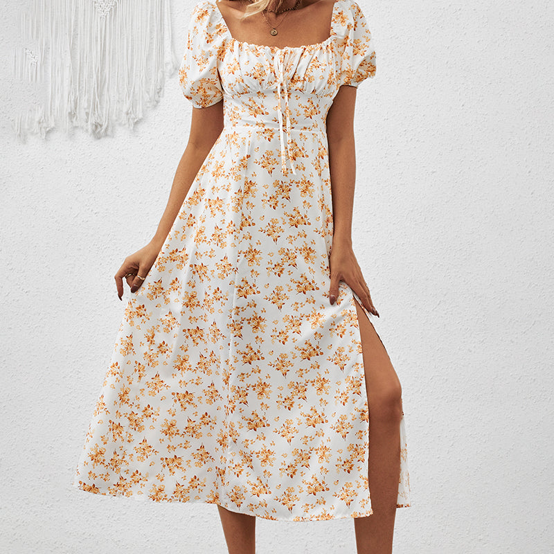 Women's Square Neck Floral Print Dress With Puff Sleeves & Side Slit - Elegant Spring Summer Boho Maxi Dress