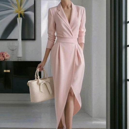 Women's Solid Color Lapel Midi Dress, Bodycon Asymmetrical Hem Dress With Pockets For Formal Occasions