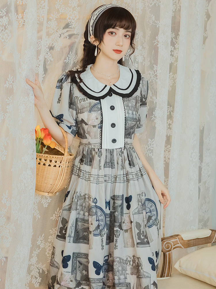 Retro Literary Style Doll Neck Dress Print Lace Up Dress