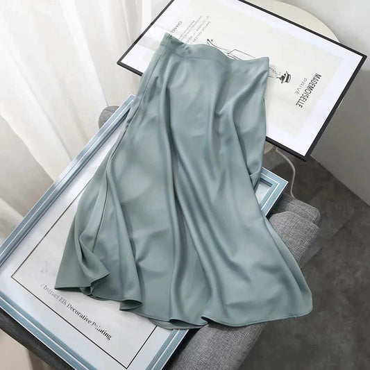 Light Luxury Silky Satin Gloss Acetic Acid Temperament Word  Mid-length Skirt Women's Clothing