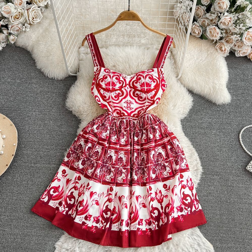 Retro Printing Slip Dress Women