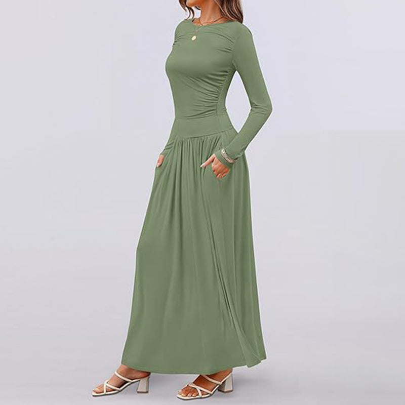 Women's Elegant Ruffle Detail Dress, Solid Color Round Neck Long Sleeve Knit Dress With Pockets