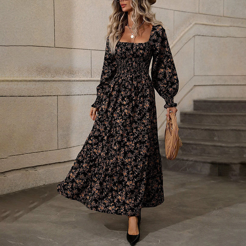 Women's Square Neck Floral Dress Puff Sleeve Backless Maxi Dress With Smocked Waist For Spring And Summer