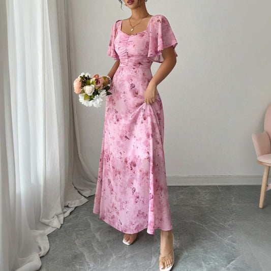 Women's Solid Color Square Neck Short Sleeve Butterfly Print Flowy Dress A-Line Summer Vacation Maxi Dress