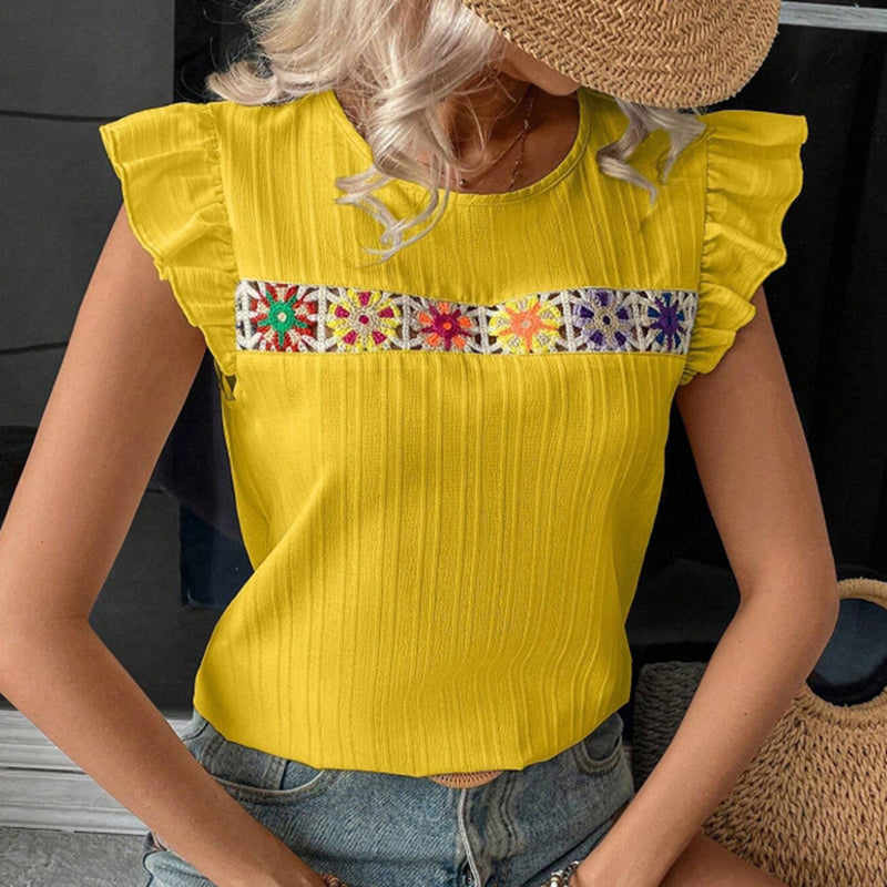 Women's Ruffle Short Sleeve Summer Tops Cute Crew Neck Floral Crochet Blouses Shirts