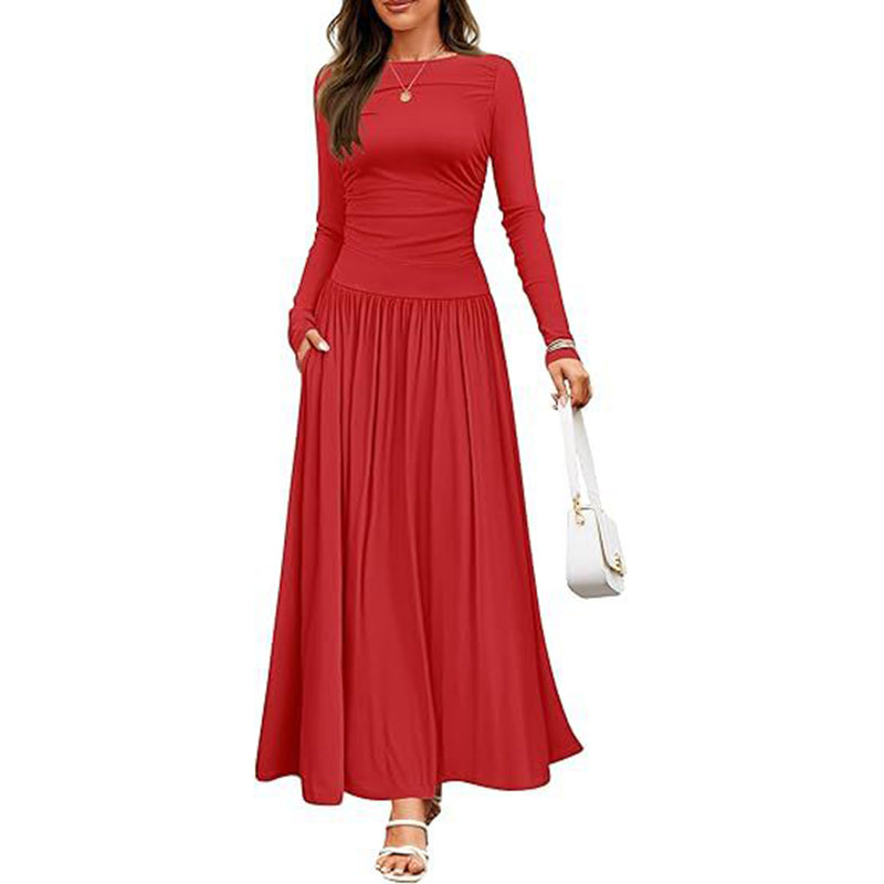 Women's Elegant Ruffle Detail Dress, Solid Color Round Neck Long Sleeve Knit Dress With Pockets