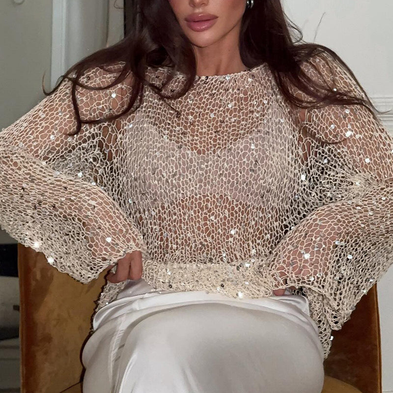 Women's Sequin Mesh Top - Long Sleeve Sheer See Through Sexy Blouse