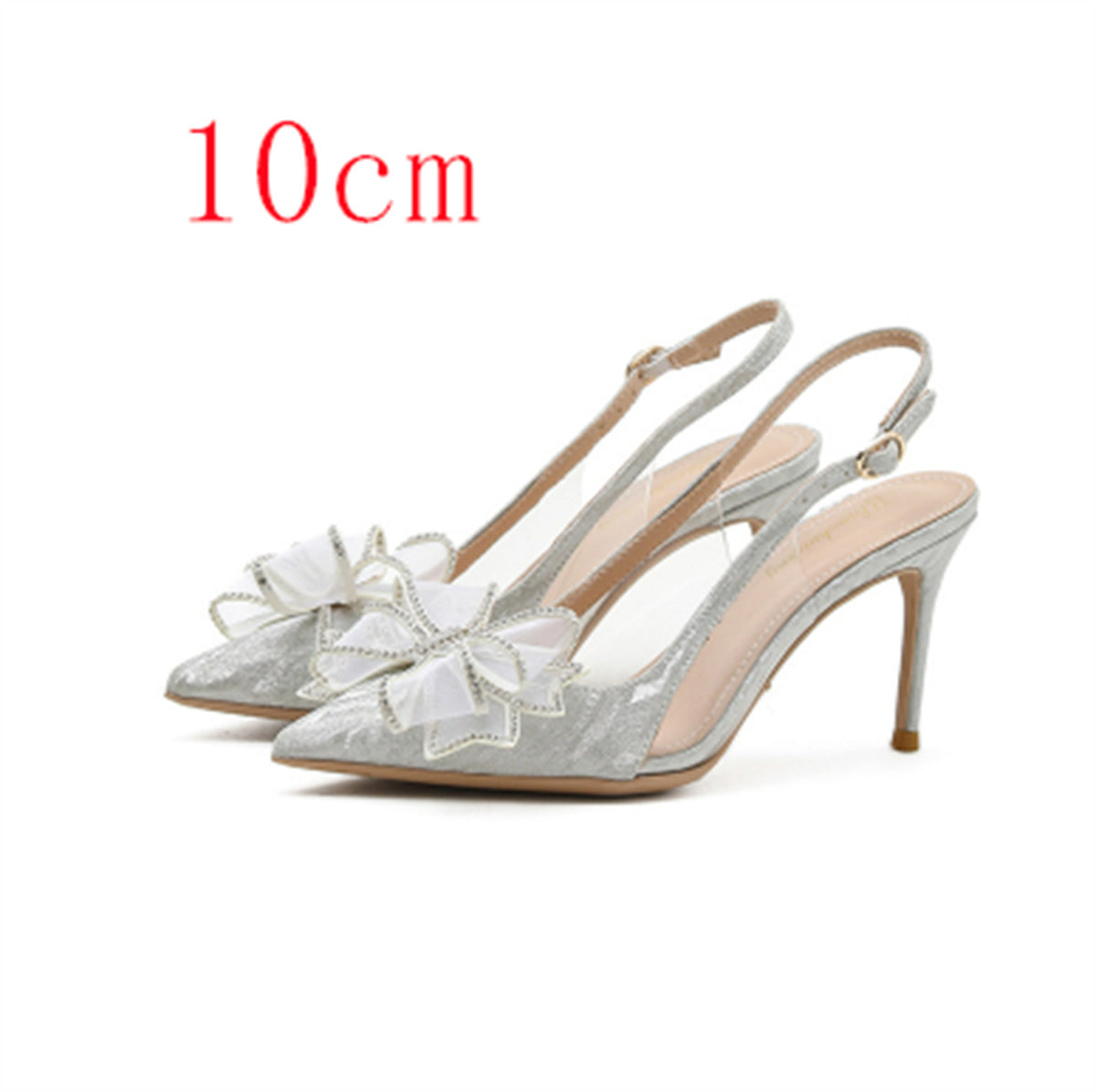 Women's Low-cut Stiletto Heels With Crystal Silver Bow