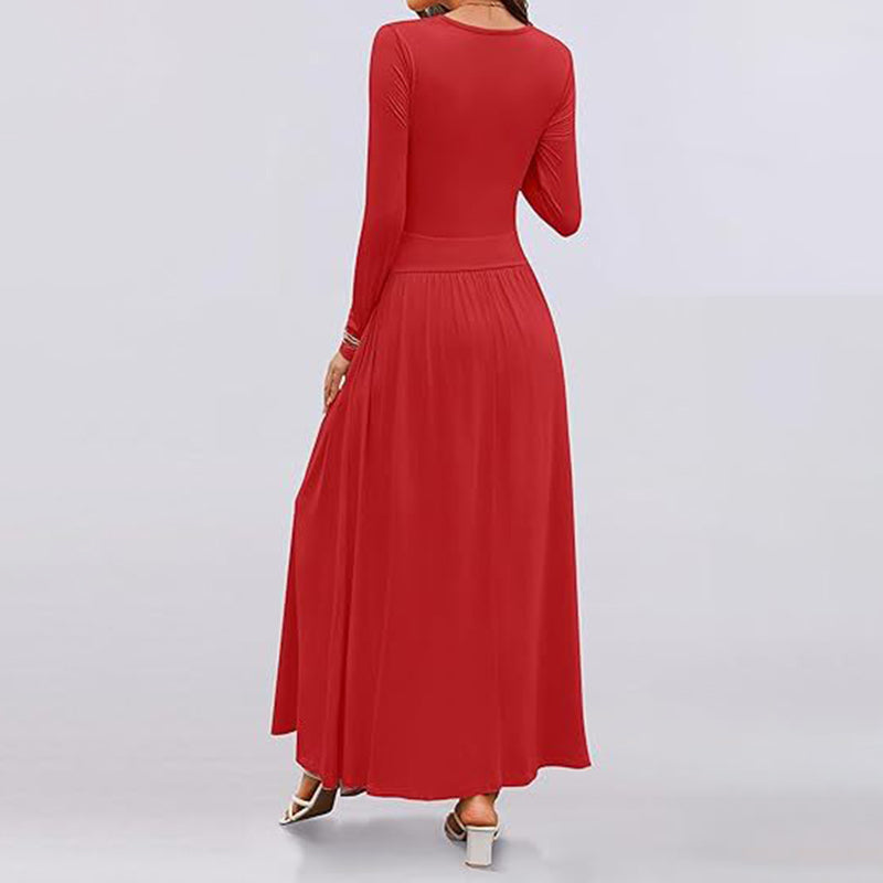 Women's Elegant Ruffle Detail Dress, Solid Color Round Neck Long Sleeve Knit Dress With Pockets