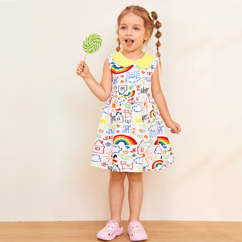 Girls Summer Cute Doll Collar Breathable Cotton Dress