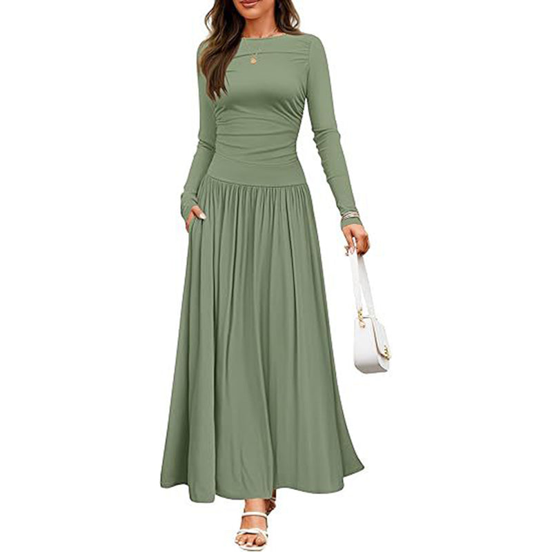 Women's Elegant Ruffle Detail Dress, Solid Color Round Neck Long Sleeve Knit Dress With Pockets