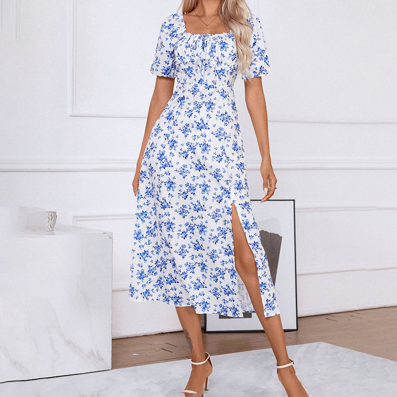 Women's Square Neck Floral Print Dress With Puff Sleeves & Side Slit - Elegant Spring Summer Boho Maxi Dress