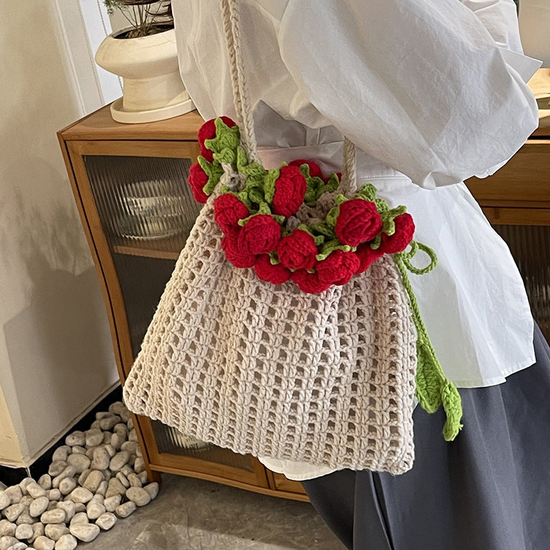 Summer Rose Bouquet Woven Lazy Style Artistic Girls' One-shoulder Bag