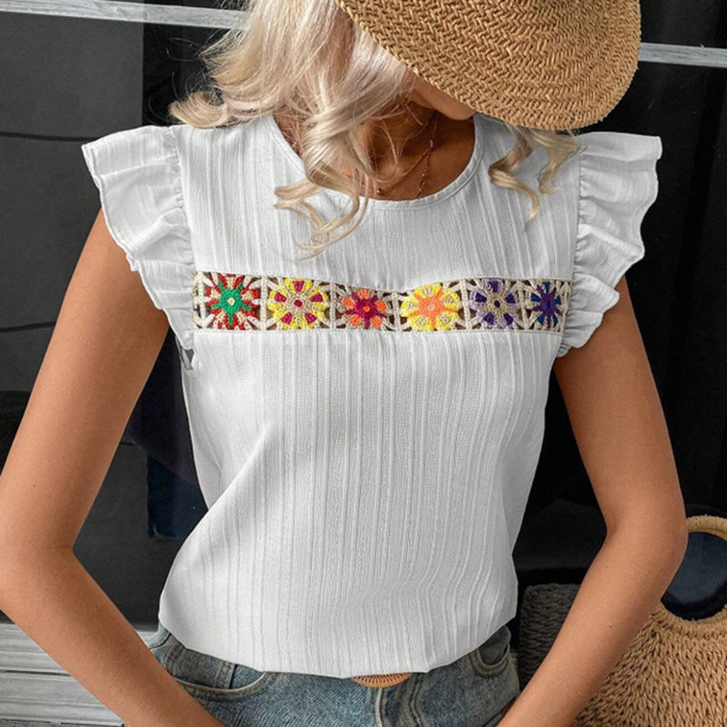 Women's Ruffle Short Sleeve Summer Tops Cute Crew Neck Floral Crochet Blouses Shirts
