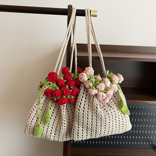 Summer Rose Bouquet Woven Lazy Style Artistic Girls' One-shoulder Bag
