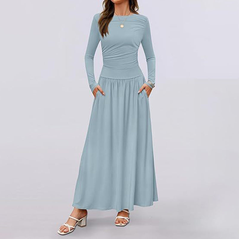 Women's Elegant Ruffle Detail Dress, Solid Color Round Neck Long Sleeve Knit Dress With Pockets