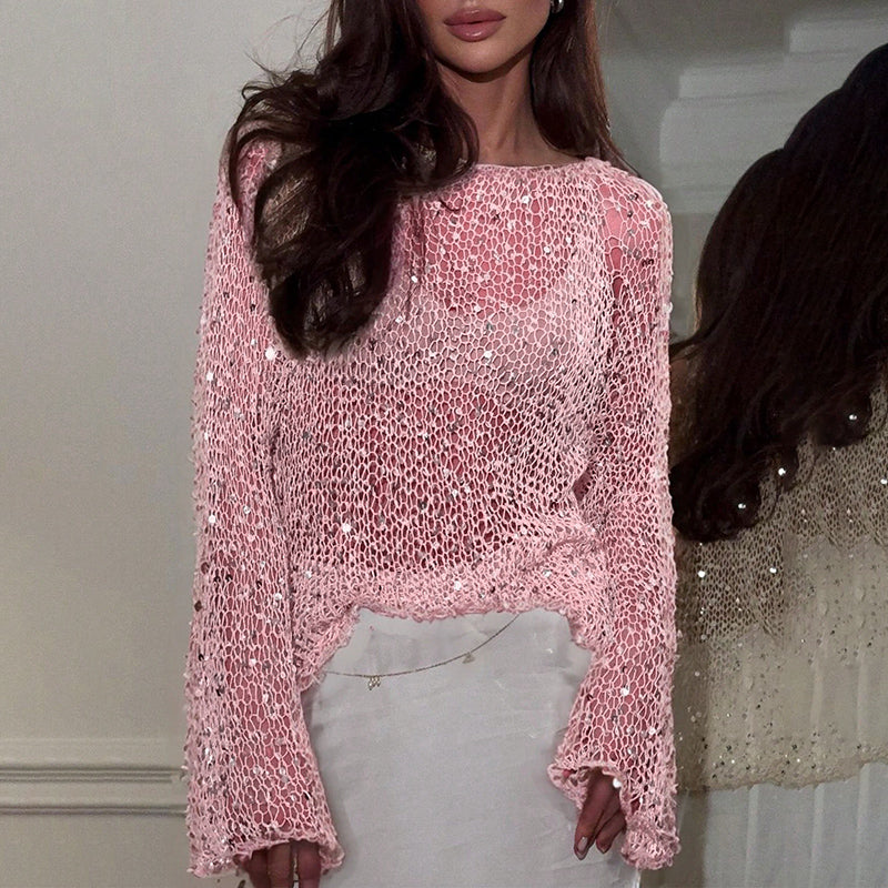 Women's Sequin Mesh Top - Long Sleeve Sheer See Through Sexy Blouse