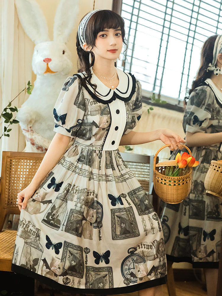 Retro Literary Style Doll Neck Dress Print Lace Up Dress